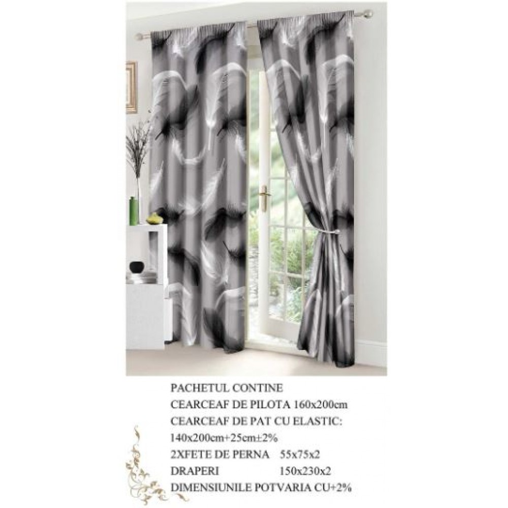 Set Lenjerie Eleganta si 2 Draperii pentru pat dublu din Bumbac Finet compus din 6 piese, Cearceaf de pat cu elastic 140x200cm+25cm, NW10