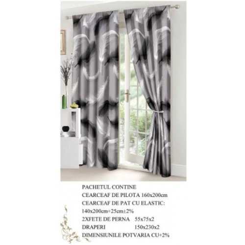Set Lenjerie Eleganta si 2 Draperii pentru pat dublu din Bumbac Finet compus din 6 piese, Cearceaf de pat cu elastic 140x200cm+25cm, NW10