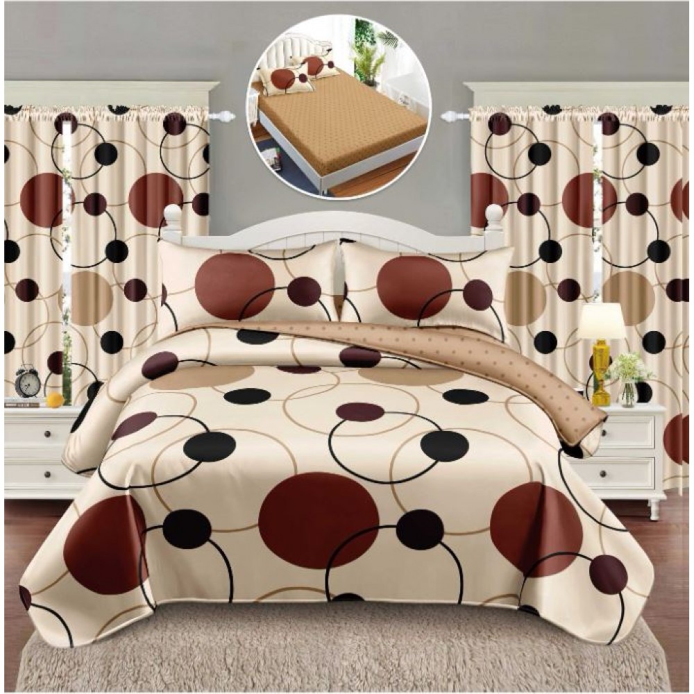 Set Lenjerie Eleganta si 2 Draperii pentru pat dublu din Bumbac Finet compus din 6 piese, Cearceaf de pat cu elastic 140x200cm+25cm, NW12