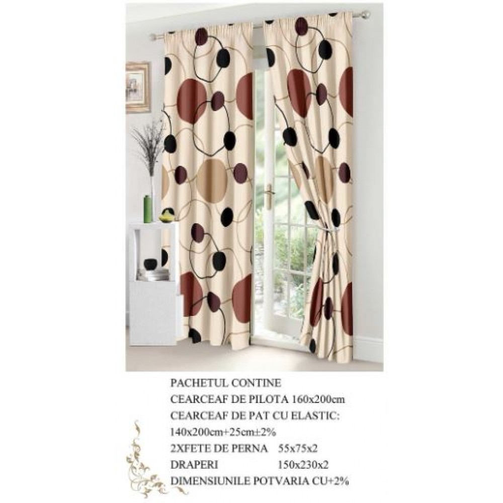 Set Lenjerie Eleganta si 2 Draperii pentru pat dublu din Bumbac Finet compus din 6 piese, Cearceaf de pat cu elastic 140x200cm+25cm, NW12
