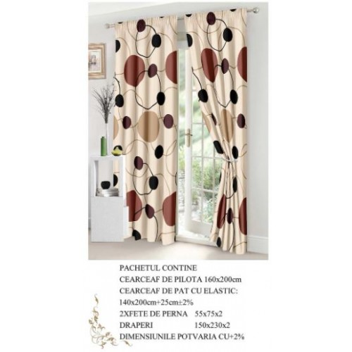 Set Lenjerie Eleganta si 2 Draperii pentru pat dublu din Bumbac Finet compus din 6 piese, Cearceaf de pat cu elastic 140x200cm+25cm, NW12