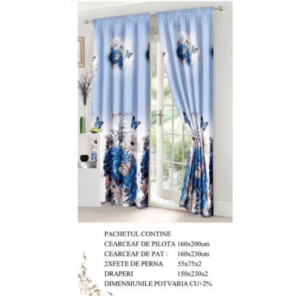 Set Lenjerie Eleganta si 2 Draperii pentru pat dublu din Bumbac Finet compus din 6 piese, Cearceaf de pat 160x230cm, NW14