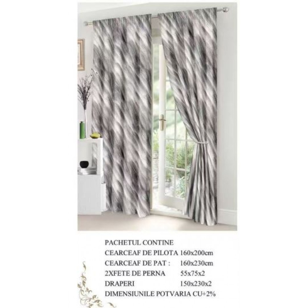 Set Lenjerie Eleganta si 2 Draperii pentru pat dublu din Bumbac Finet compus din 6 piese, Cearceaf de pat 160x230cm, NW15