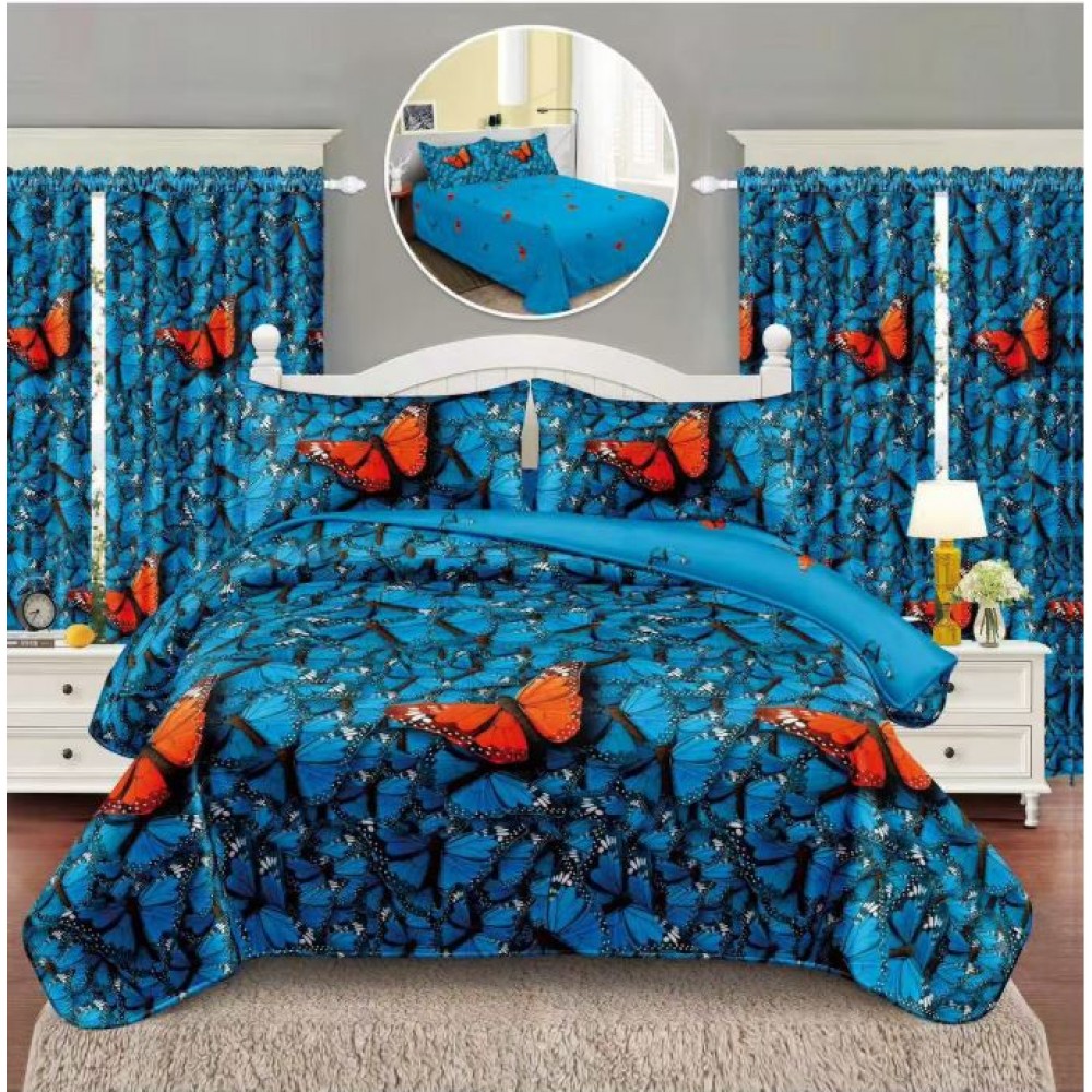 Set Lenjerie Eleganta si 2 Draperii pentru pat dublu din Bumbac Finet compus din 6 piese, Cearceaf de pat 160x230cm, NW16