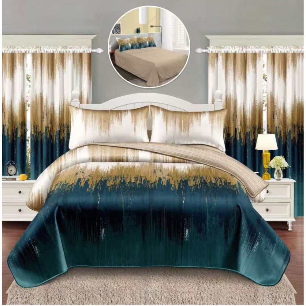 Set Lenjerie Eleganta si 2 Draperii pentru pat dublu din Bumbac Finet compus din 6 piese, Cearceaf de pat 160x230cm, NW17