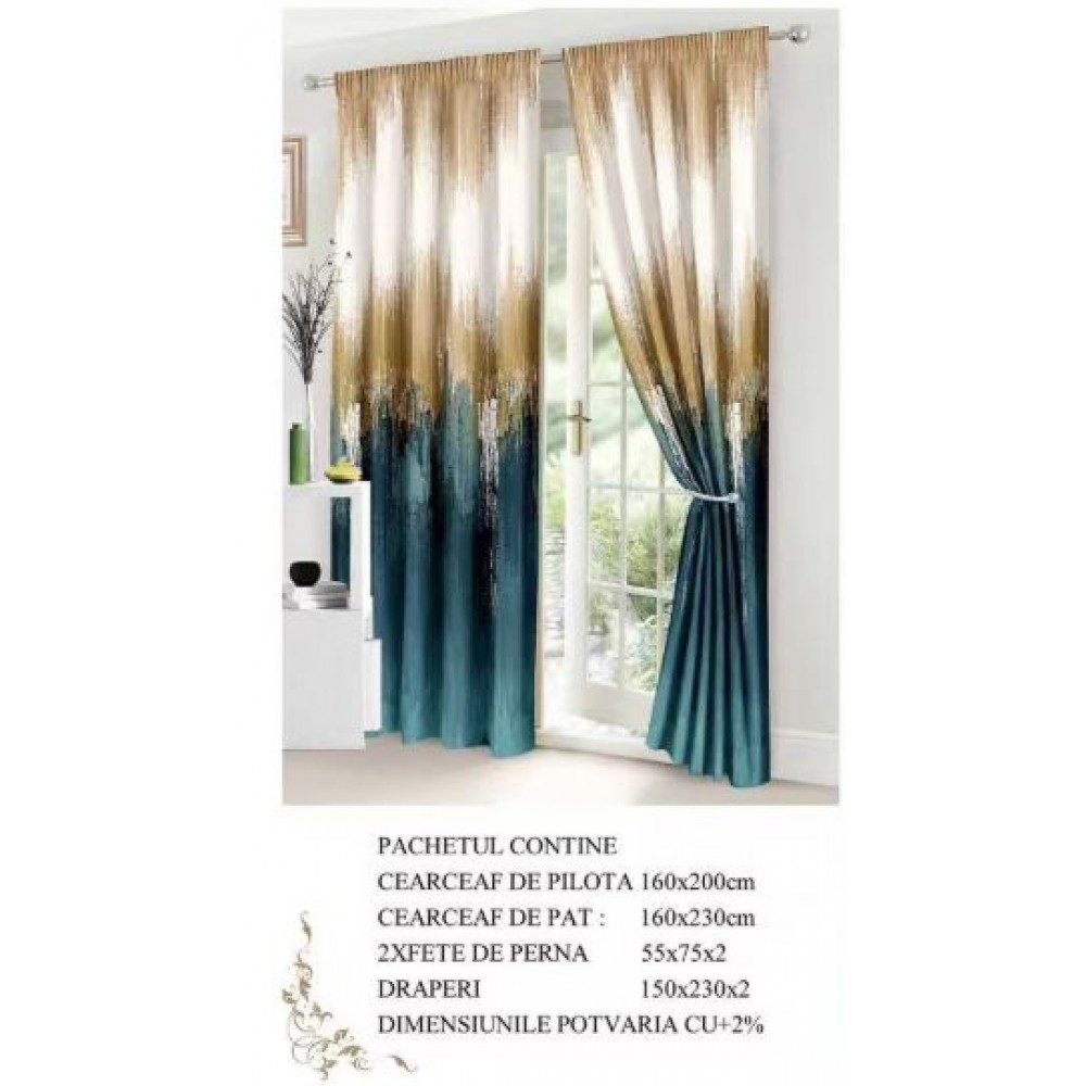 Set Lenjerie Eleganta si 2 Draperii pentru pat dublu din Bumbac Finet compus din 6 piese, Cearceaf de pat 160x230cm, NW17