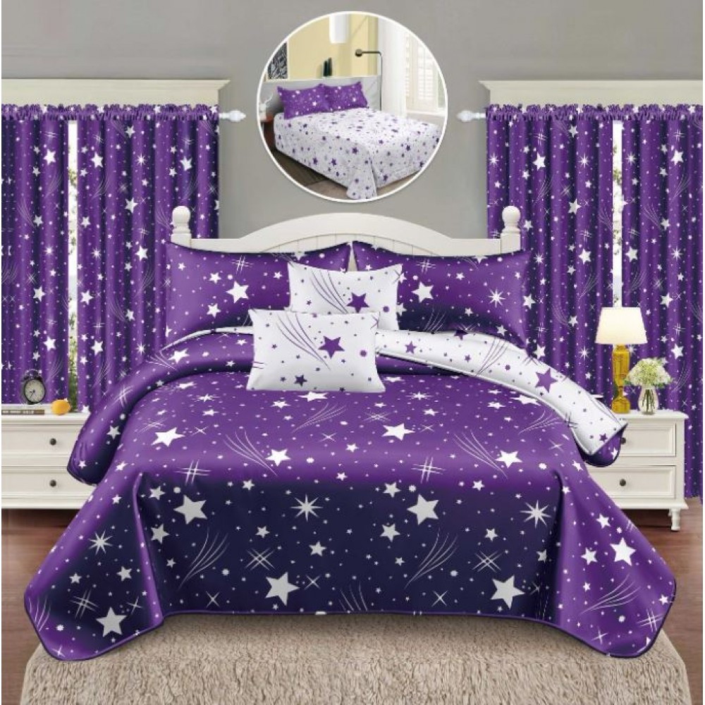 Set Lenjerie Eleganta si 2 Draperii pentru pat dublu din Bumbac Finet compus din 8 piese, Cearceaf de pat 230x240cm, NW18