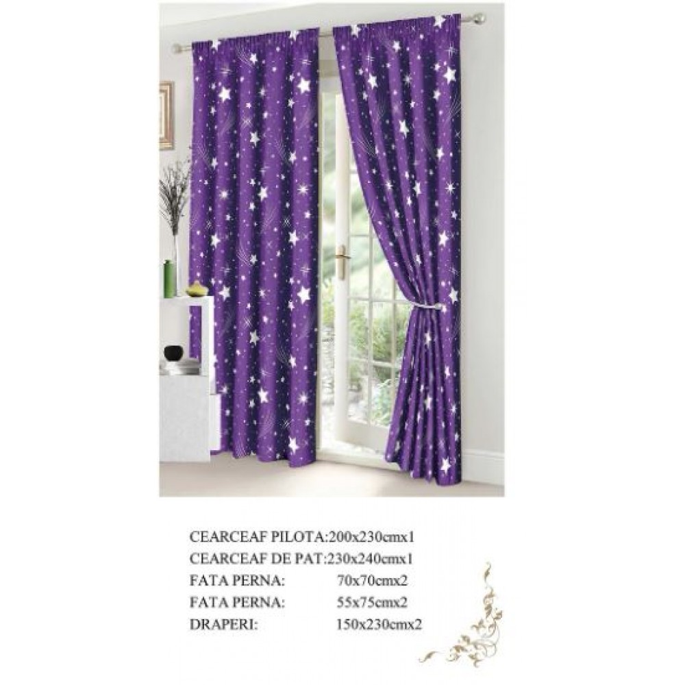 Set Lenjerie Eleganta si 2 Draperii pentru pat dublu din Bumbac Finet compus din 8 piese, Cearceaf de pat 230x240cm, NW18