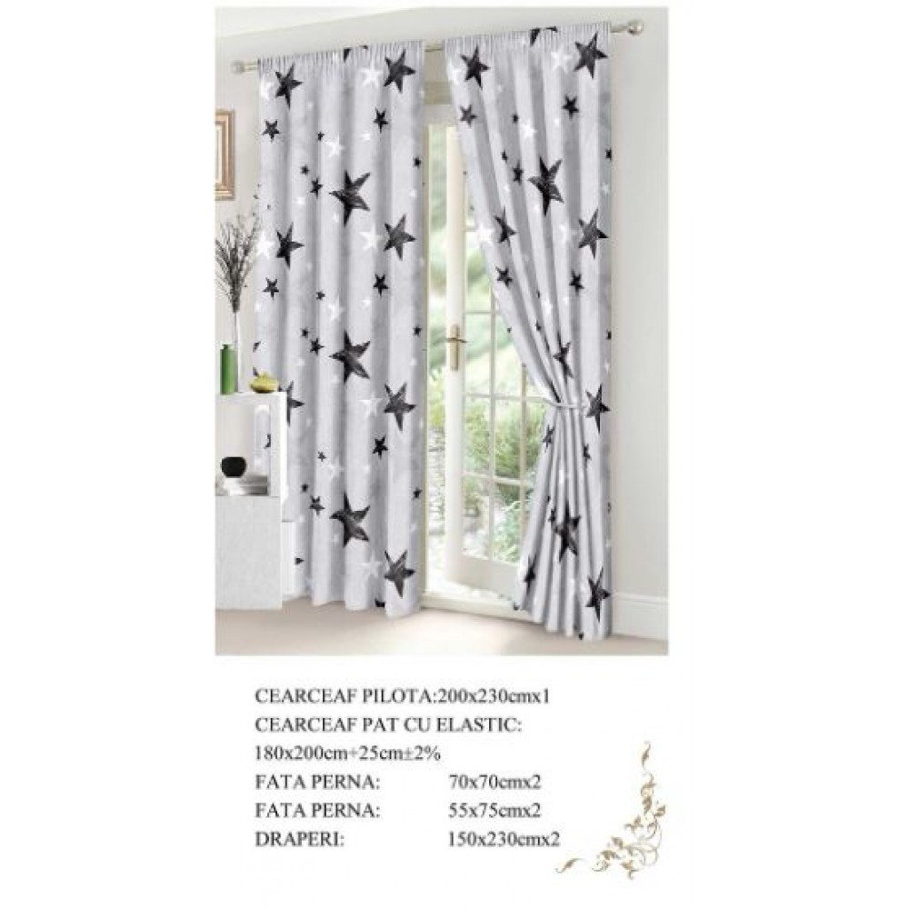 Set Lenjerie Eleganta si 2 Draperii pentru pat dublu din Bumbac Finet compus din 8 piese, Cearceaf de pat 230x240cm, NW19