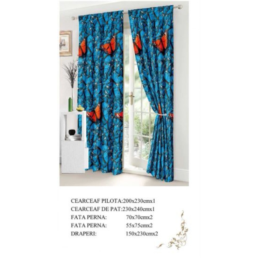 Set Lenjerie Eleganta si 2 Draperii pentru pat dublu din Bumbac Finet compus din 8 piese, Cearceaf de pat 230x240cm, NW20