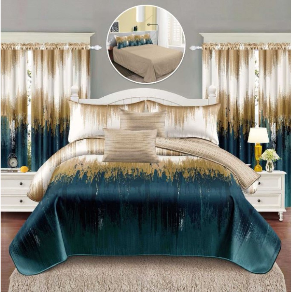 Set Lenjerie Eleganta si 2 Draperii pentru pat dublu din Bumbac Finet compus din 8 piese, Cearceaf de pat 230x240cm, NW22