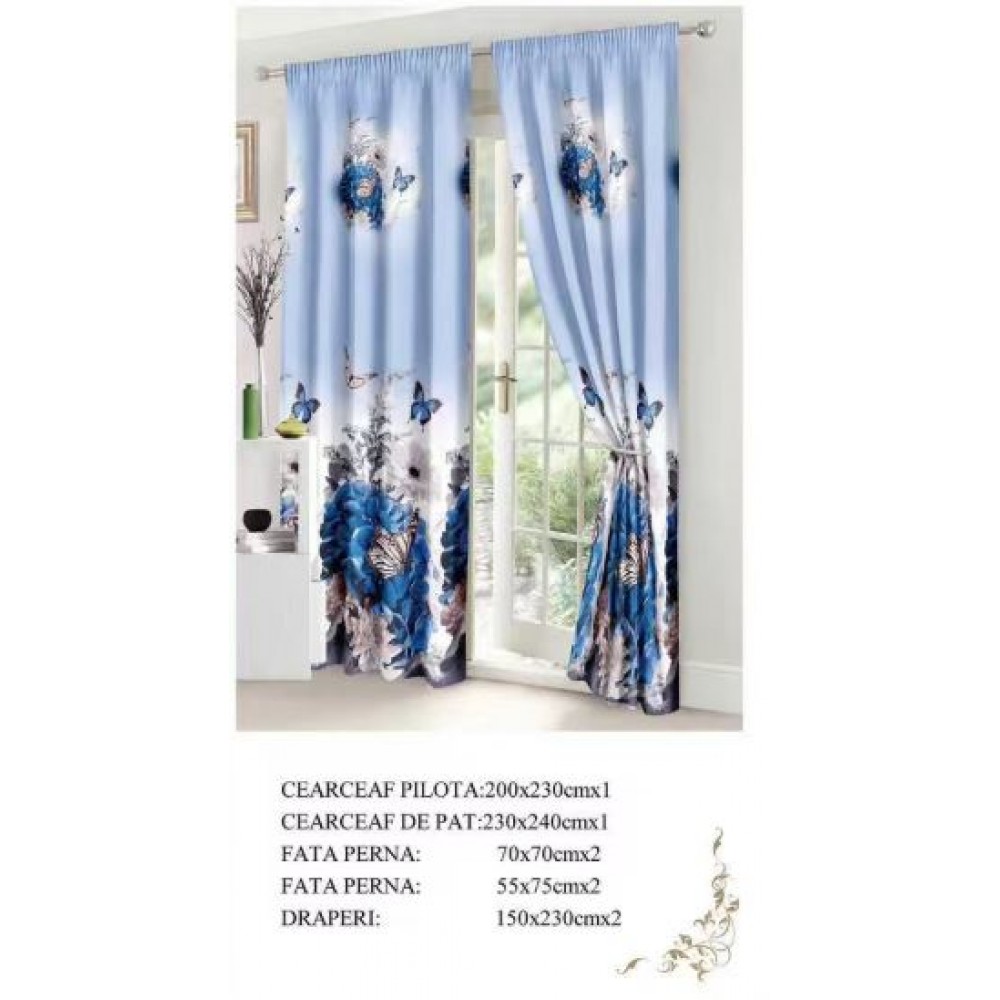 Set Lenjerie Eleganta si 2 Draperii pentru pat dublu din Bumbac Finet compus din 8 piese, Cearceaf de pat 230x240cm, NW23