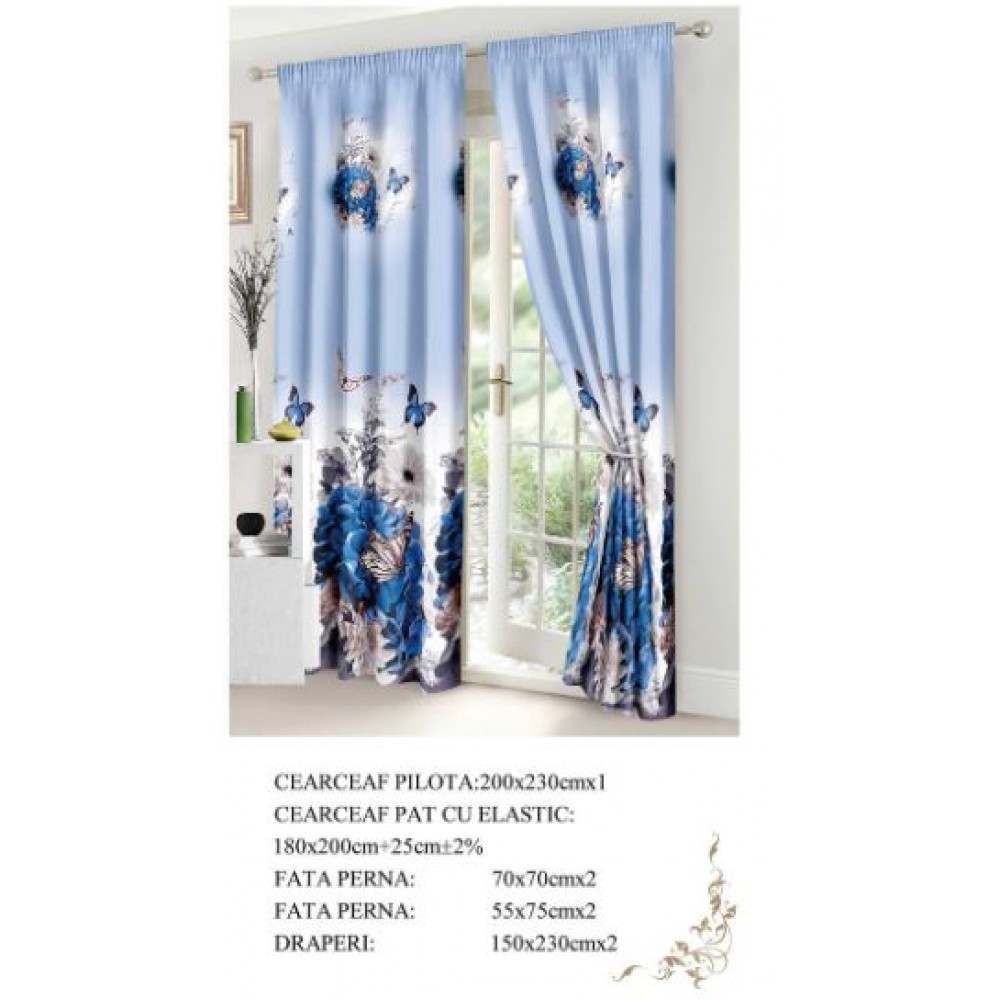 Set Lenjerie Eleganta si 2 Draperii pentru pat dublu din Bumbac Finet compus din 8 piese, Cearceaf de pat cu elastic 180x200cm+25cm, NW24
