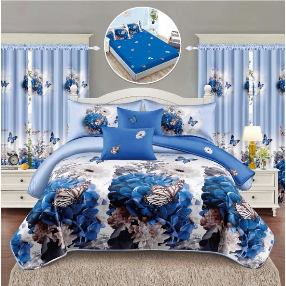 Set Lenjerie Eleganta si 2 Draperii pentru pat dublu din Bumbac Finet compus din 8 piese, Cearceaf de pat cu elastic 180x200cm+25cm, NW24
