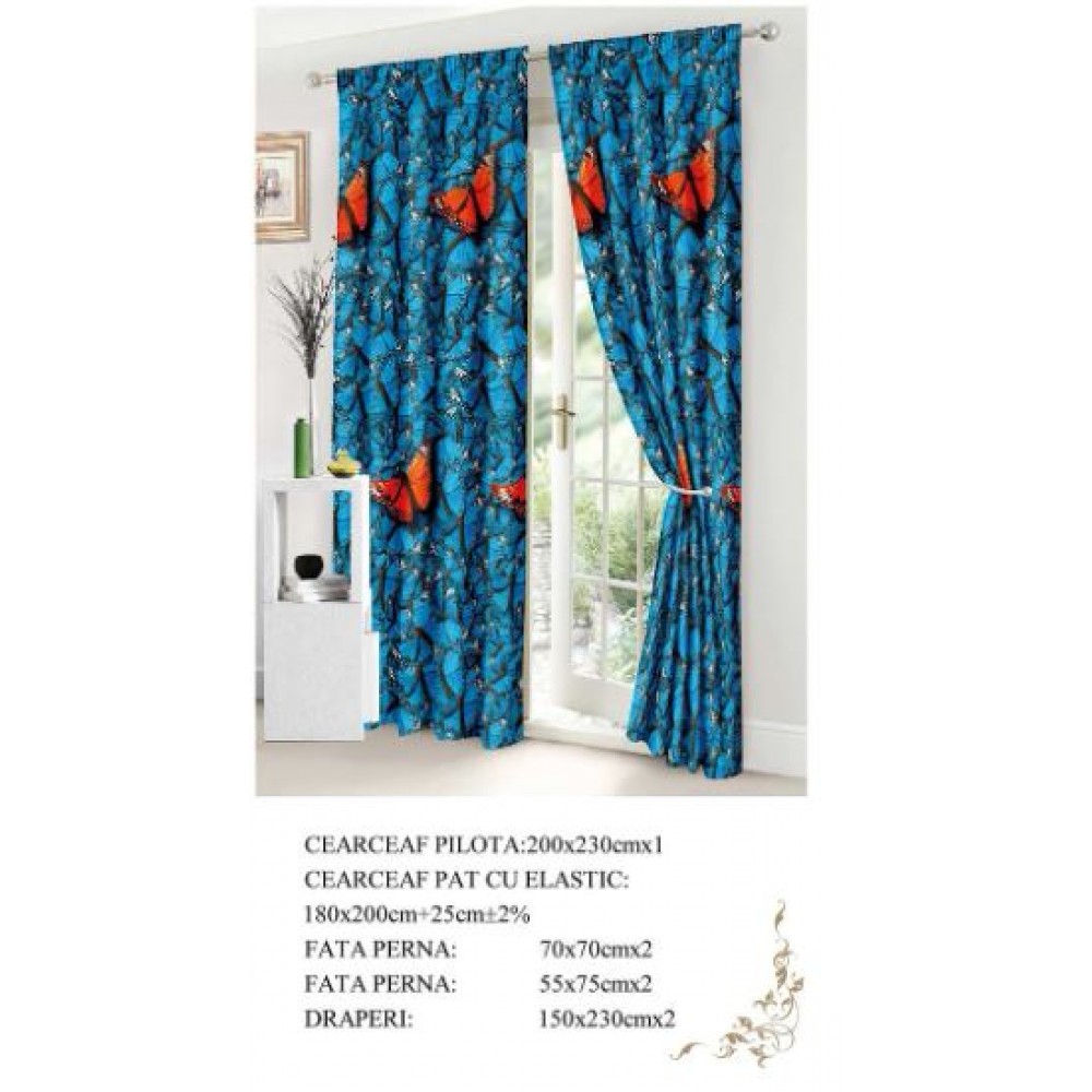 Set Lenjerie Eleganta si 2 Draperii pentru pat dublu din Bumbac Finet compus din 8 piese, Cearceaf de pat cu elastic 180x200cm+25cm, NW25