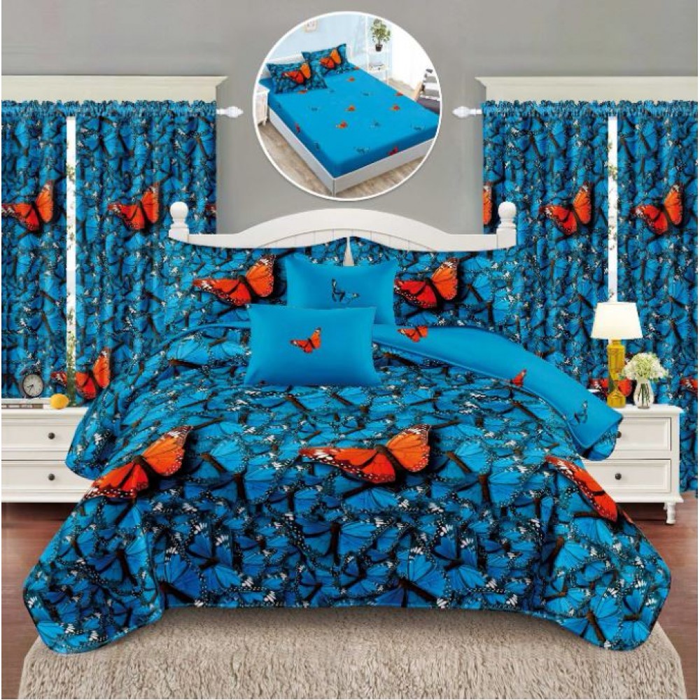 Set Lenjerie Eleganta si 2 Draperii pentru pat dublu din Bumbac Finet compus din 8 piese, Cearceaf de pat cu elastic 180x200cm+25cm, NW25