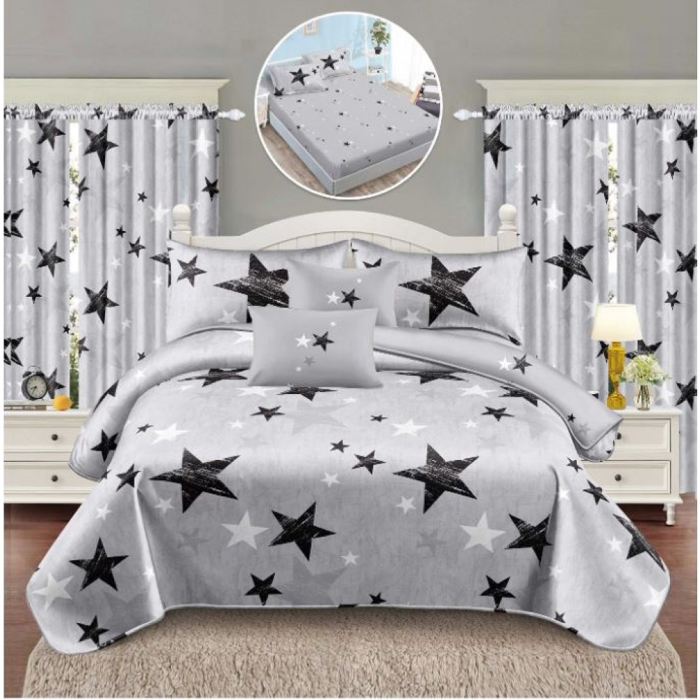 Set Lenjerie Eleganta si 2 Draperii pentru pat dublu din Bumbac Finet compus din 8 piese, Cearceaf de pat cu elastic 180x200cm+25cm, NW26