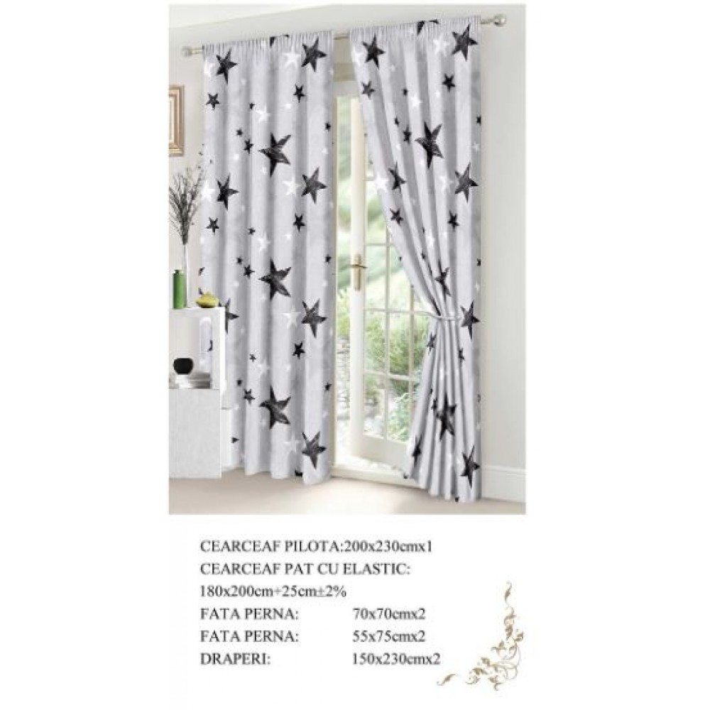 Set Lenjerie Eleganta si 2 Draperii pentru pat dublu din Bumbac Finet compus din 8 piese, Cearceaf de pat cu elastic 180x200cm+25cm, NW26
