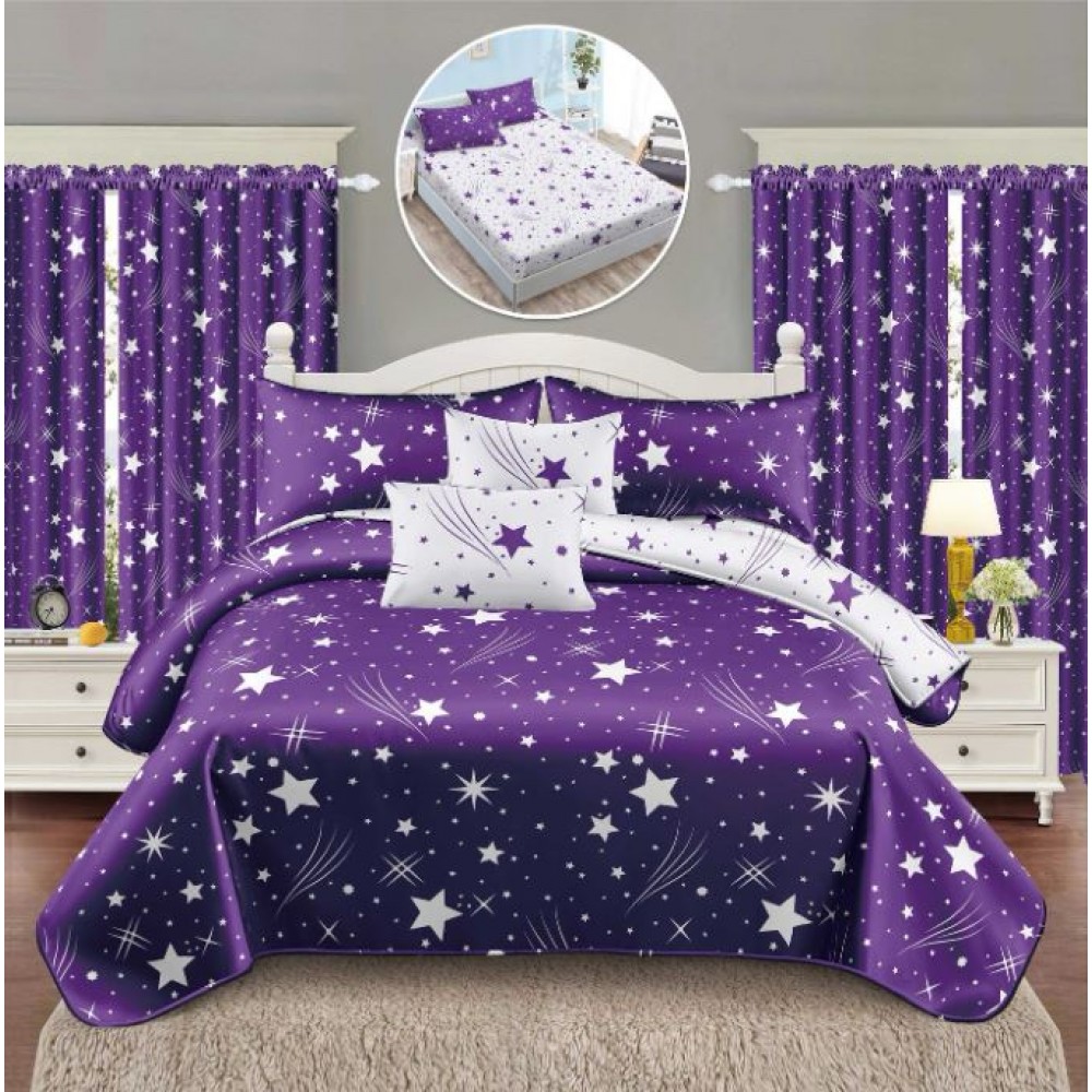 Set Lenjerie Eleganta si 2 Draperii pentru pat dublu din Bumbac Finet compus din 8 piese, Cearceaf de pat cu elastic 180x200cm+25cm, NW27