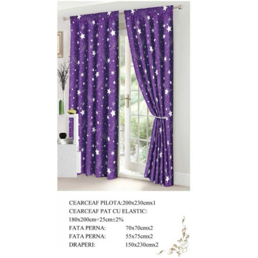 Set Lenjerie Eleganta si 2 Draperii pentru pat dublu din Bumbac Finet compus din 8 piese, Cearceaf de pat cu elastic 180x200cm+25cm, NW27