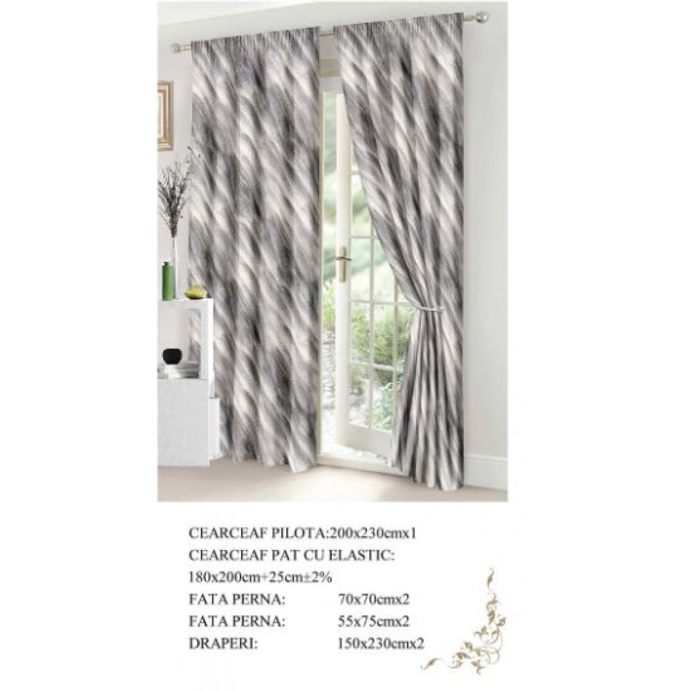 Set Lenjerie Eleganta si 2 Draperii pentru pat dublu din Bumbac Finet compus din 8 piese, Cearceaf de pat cu elastic 180x200cm+25cm, NW28