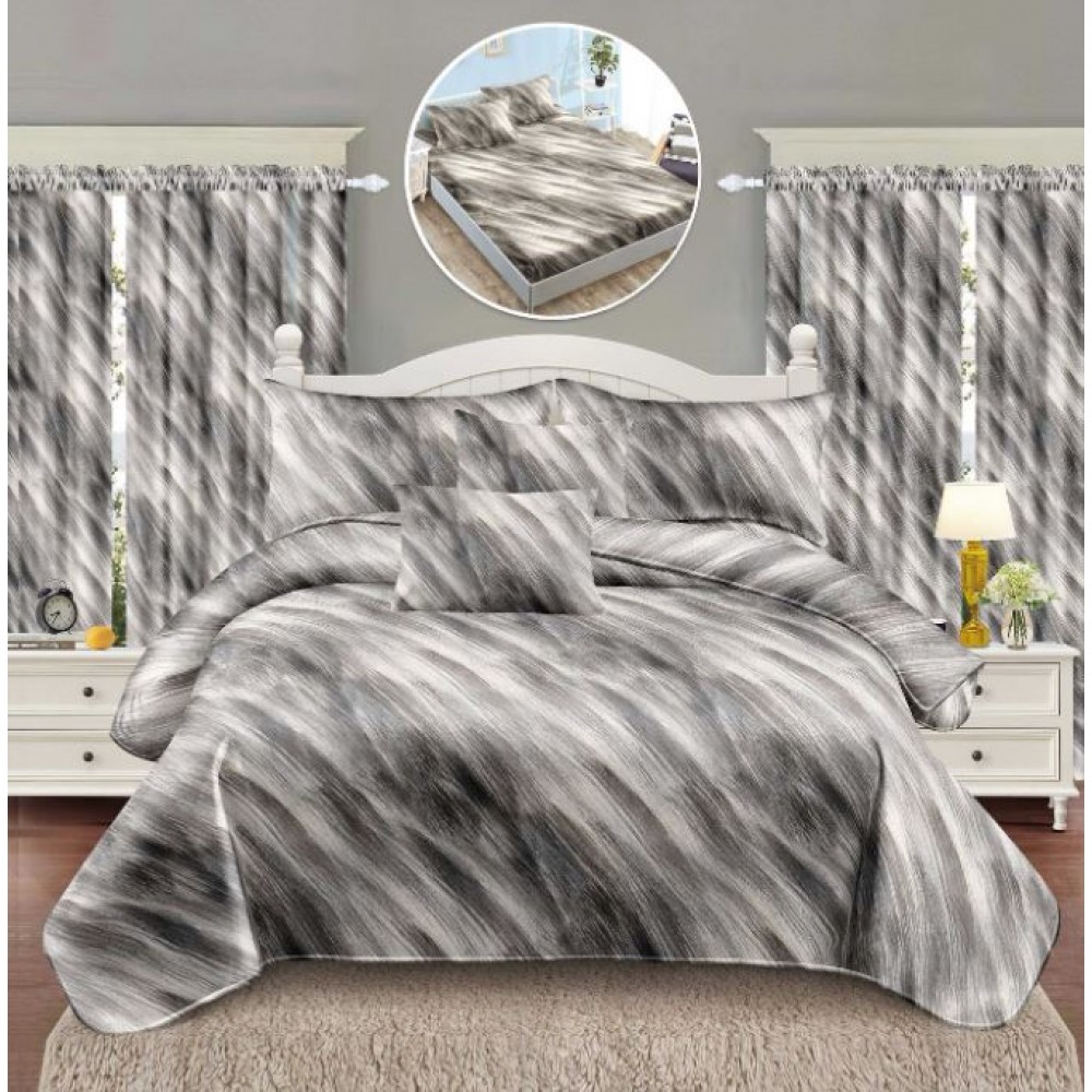 Set Lenjerie Eleganta si 2 Draperii pentru pat dublu din Bumbac Finet compus din 8 piese, Cearceaf de pat cu elastic 180x200cm+25cm, NW28