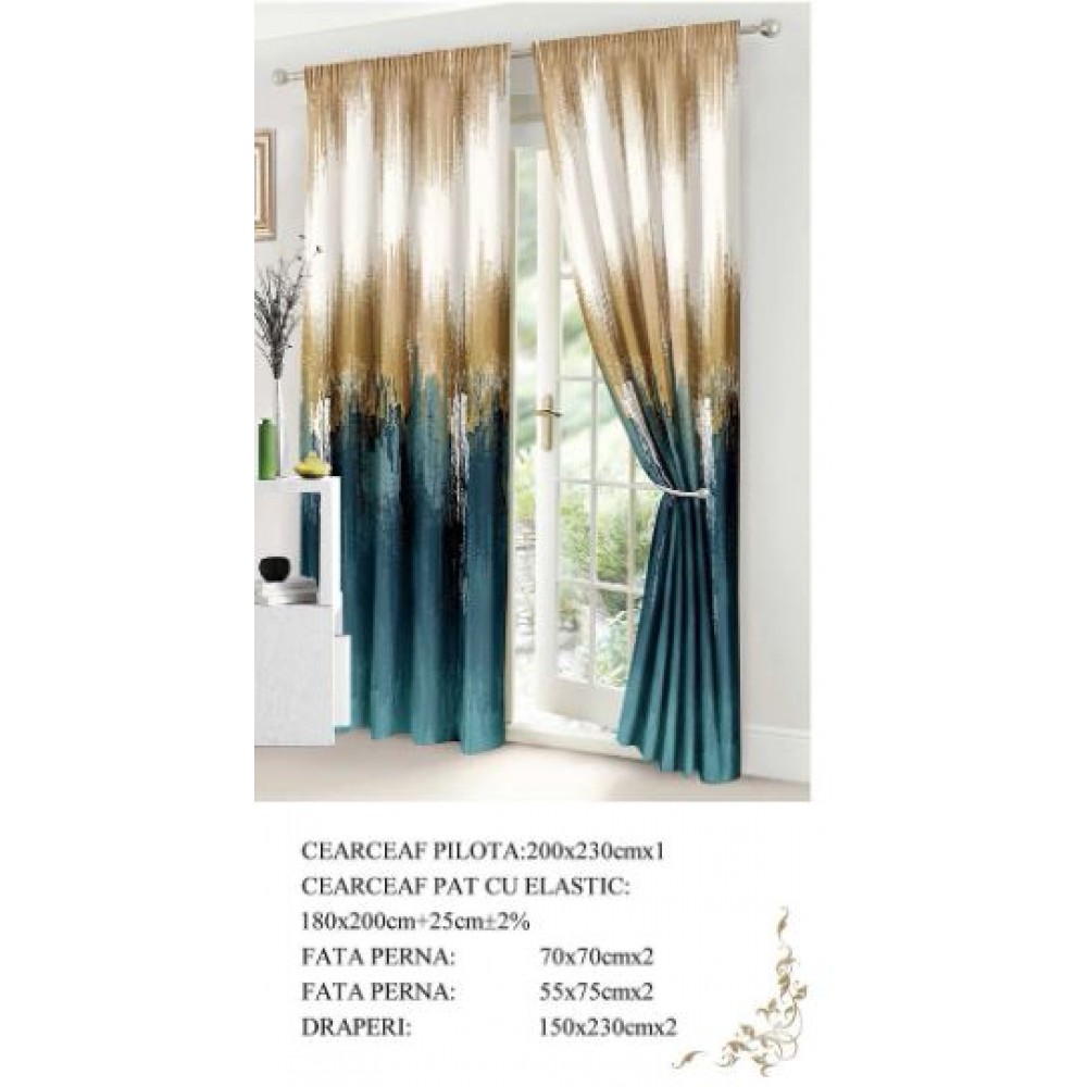 Set Lenjerie Eleganta si 2 Draperii pentru pat dublu din Bumbac Finet compus din 8 piese, Cearceaf de pat cu elastic 180x200cm+25cm, NW29