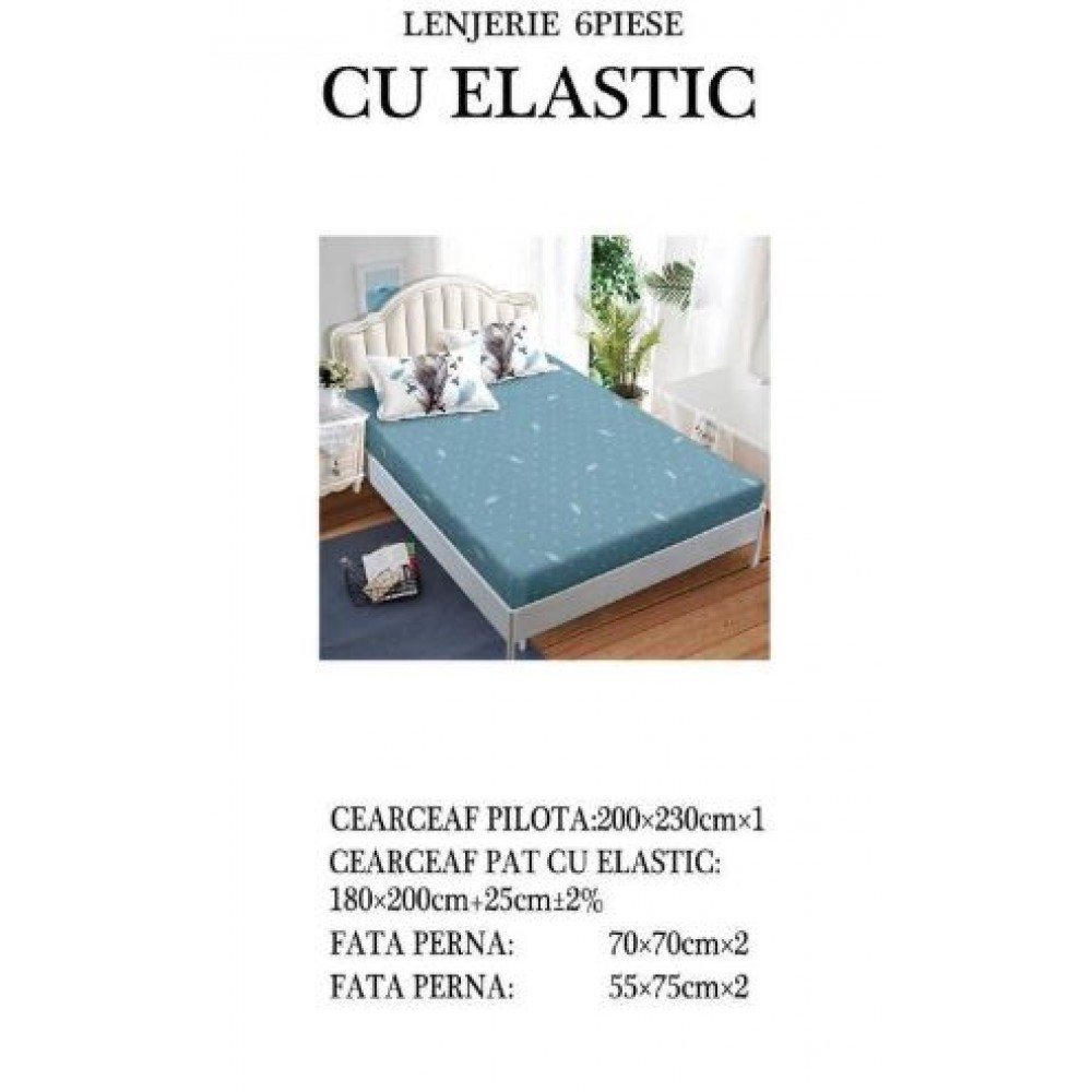 Set Lenjerie Eleganta pentru pat dublu din Bumbac Finet compus din 6 piese, Cearceaf de pat cu elastic 180x200cm+25cm, NW30