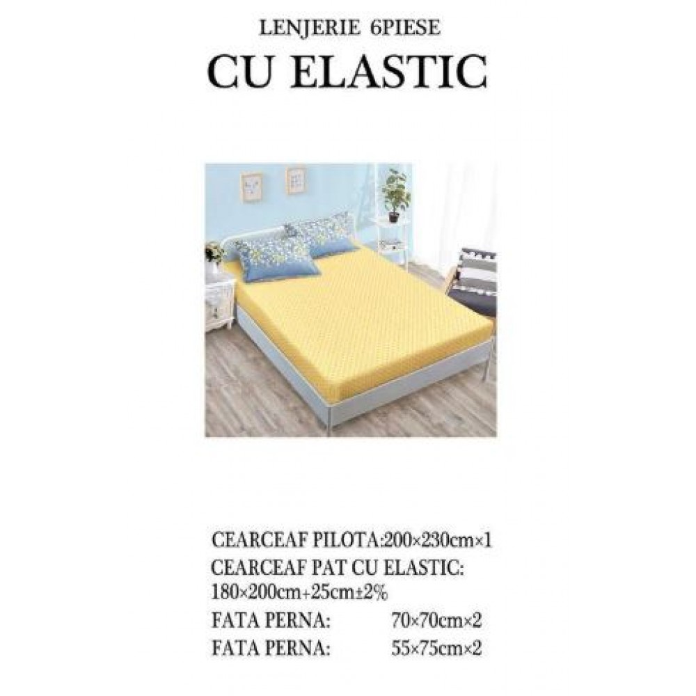Set Lenjerie Eleganta pentru pat dublu din Bumbac Finet compus din 6 piese, Cearceaf de pat cu elastic 180x200cm+25cm, NW31