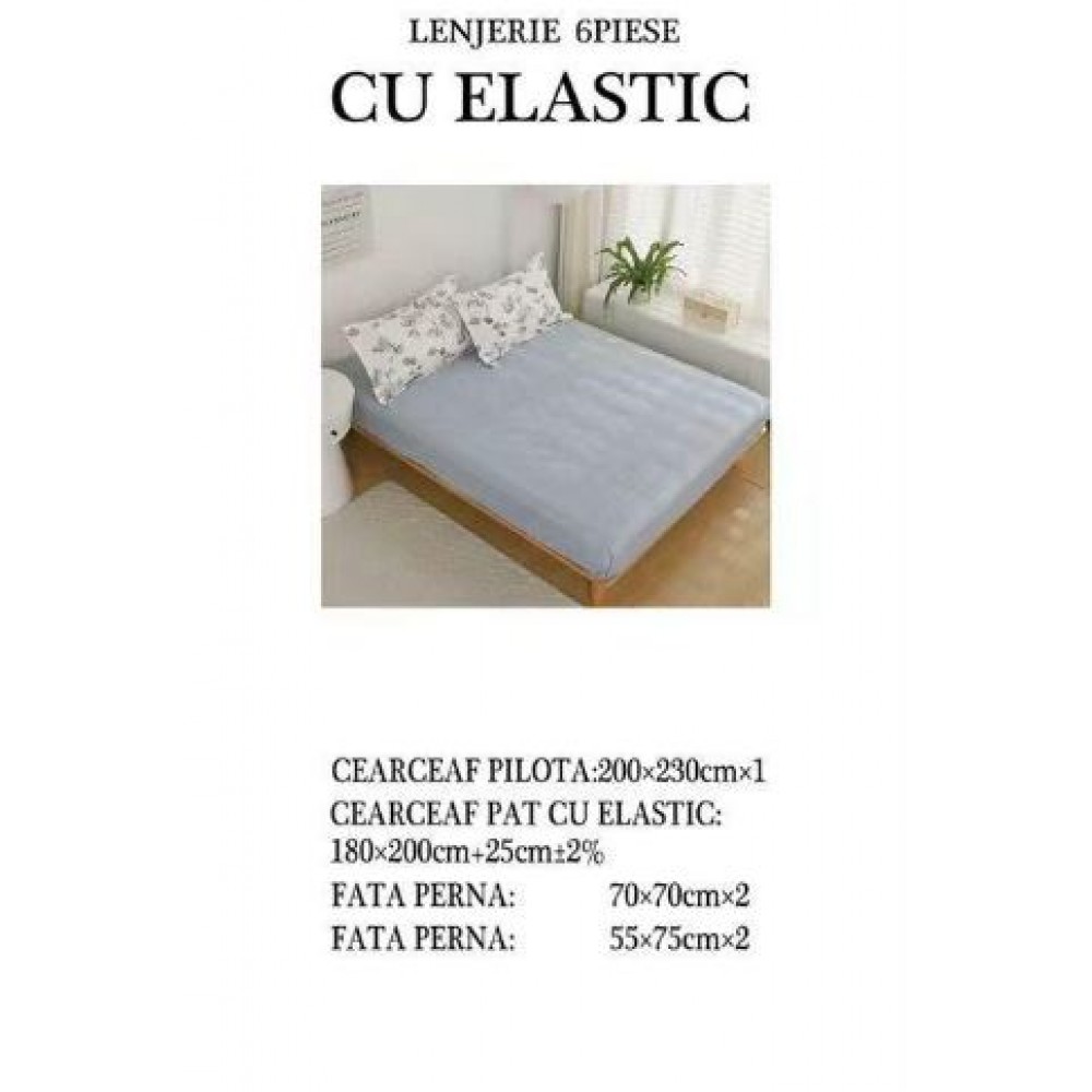Set Lenjerie Eleganta pentru pat dublu din Bumbac Finet compus din 6 piese, Cearceaf de pat cu elastic 180x200cm+25cm, NW32