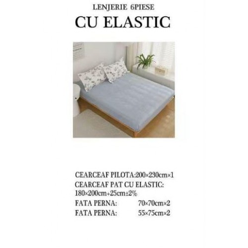 Set Lenjerie Eleganta pentru pat dublu din Bumbac Finet compus din 6 piese, Cearceaf de pat cu elastic 180x200cm+25cm, NW32
