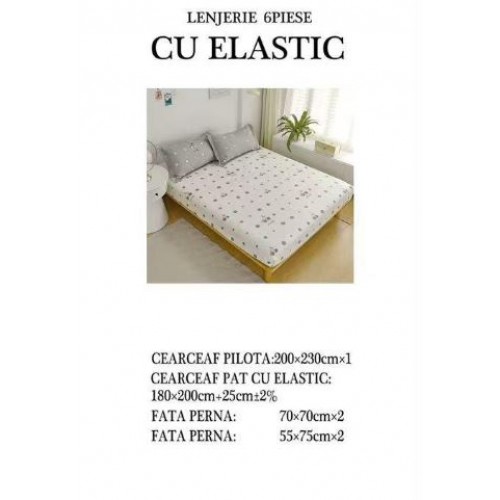 Set Lenjerie Eleganta pentru pat dublu din Bumbac Finet compus din 6 piese, Cearceaf de pat cu elastic 180x200cm+25cm, NW36
