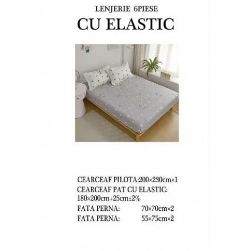 Set Lenjerie Eleganta pentru pat dublu din Bumbac Finet compus din 6 piese, Cearceaf de pat cu elastic 180x200cm+25cm, NW37