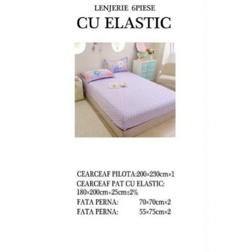 Set Lenjerie Eleganta pentru pat dublu din Bumbac Finet compus din 6 piese, Cearceaf de pat cu elastic 180x200cm+25cm, NW38