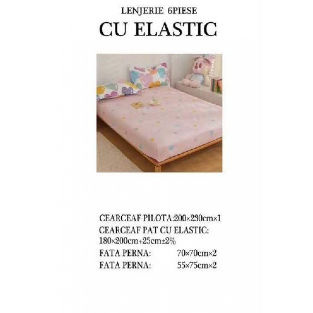 Set Lenjerie Eleganta pentru pat dublu din Bumbac Finet compus din 6 piese, Cearceaf de pat cu elastic 180x200cm+25cm, NW39