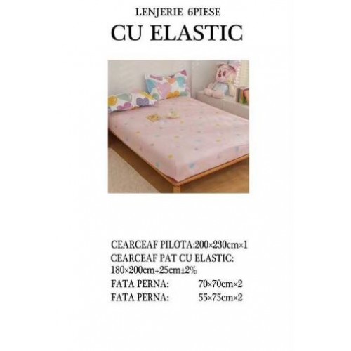 Set Lenjerie Eleganta pentru pat dublu din Bumbac Finet compus din 6 piese, Cearceaf de pat cu elastic 180x200cm+25cm, NW39
