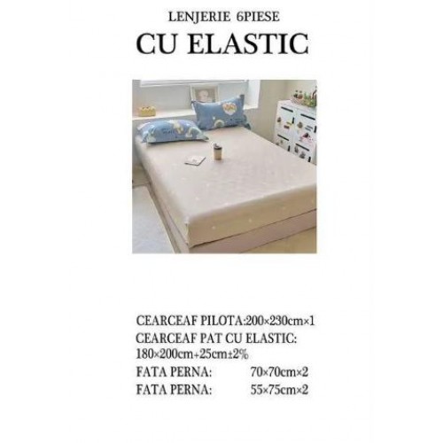 Set Lenjerie Eleganta pentru pat dublu din Bumbac Finet compus din 6 piese, Cearceaf de pat cu elastic 180x200cm+25cm, NW40