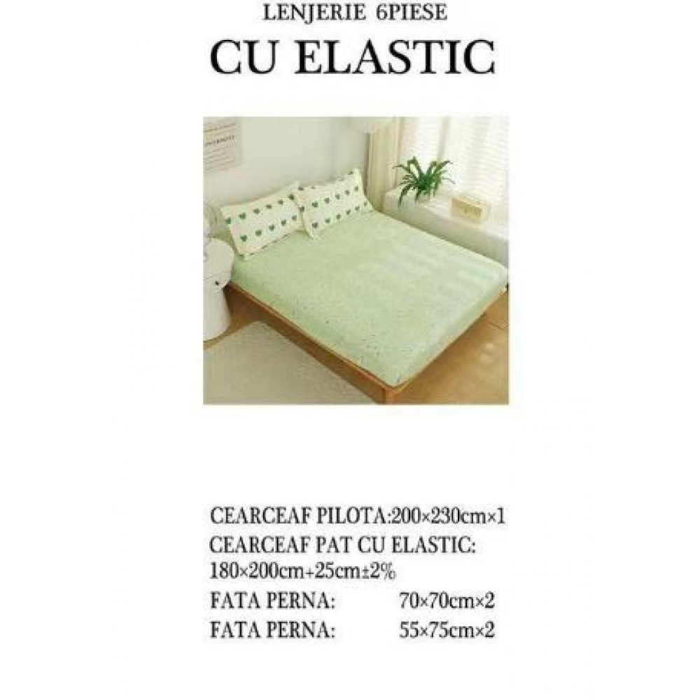 Set Lenjerie Eleganta pentru pat dublu din Bumbac Finet compus din 6 piese, Cearceaf de pat cu elastic 180x200cm+25cm, NW41