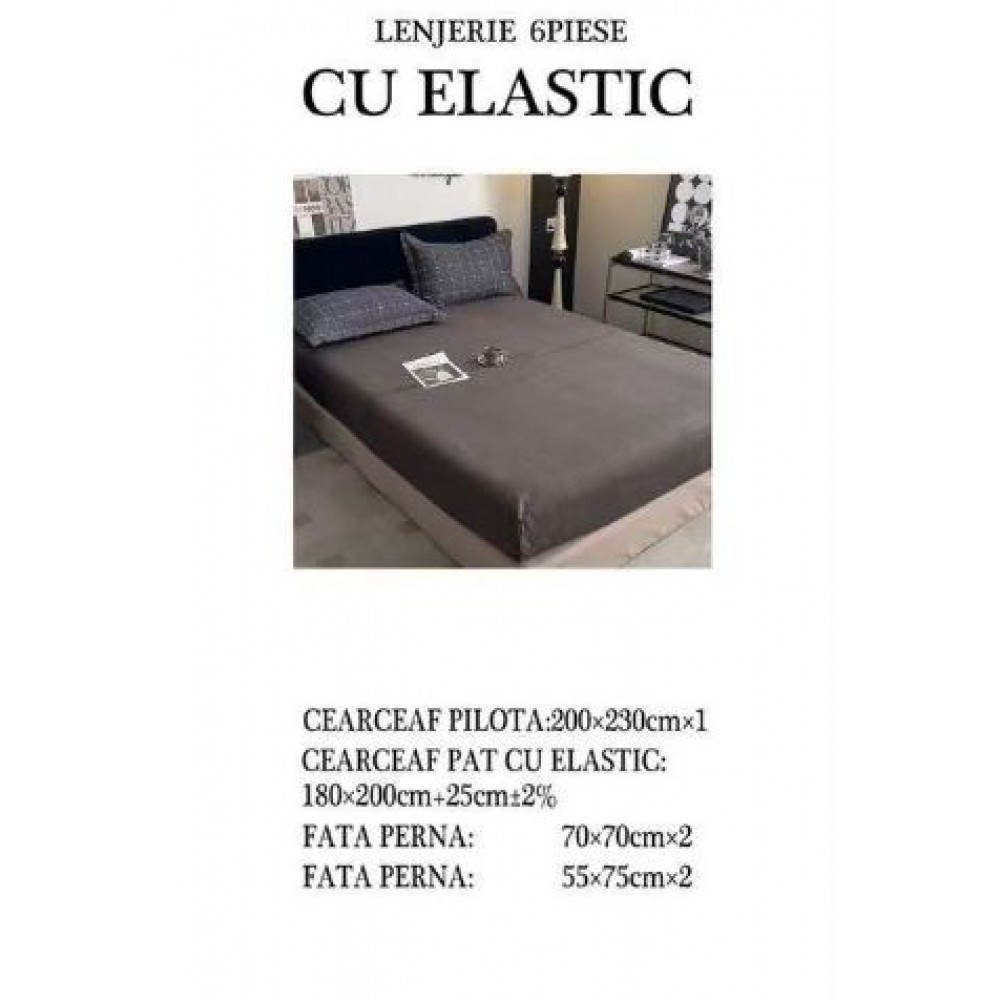 Set Lenjerie Eleganta pentru pat dublu din Bumbac Finet compus din 6 piese, Cearceaf de pat cu elastic 180x200cm+25cm, NW42