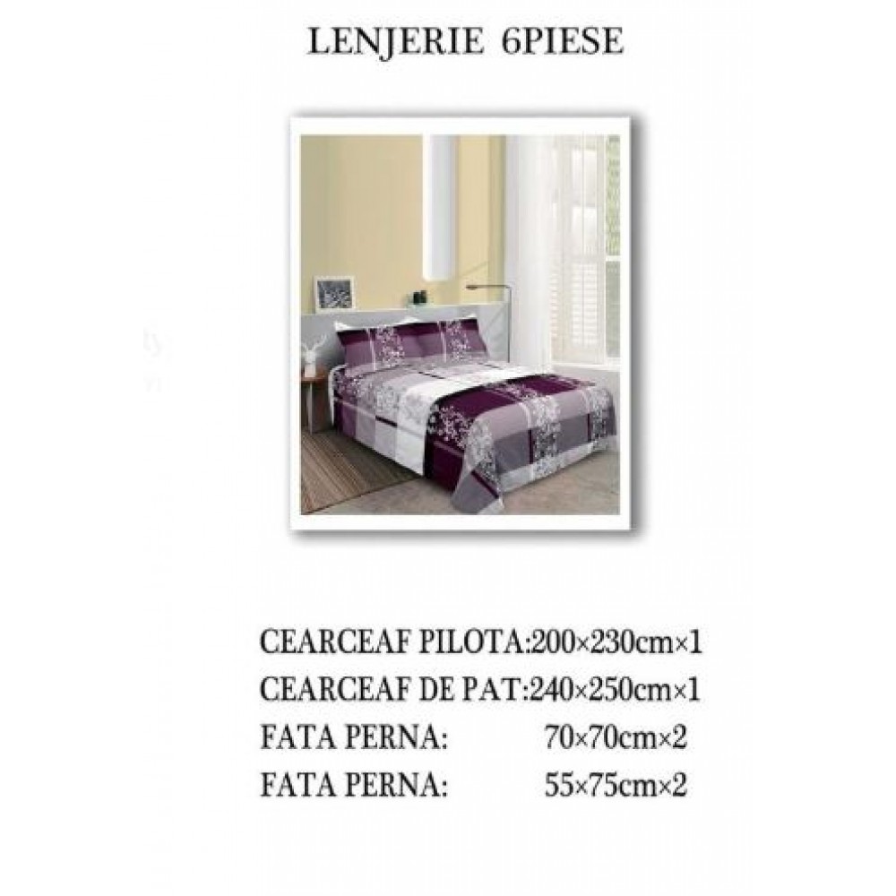 Set Lenjerie Eleganta pentru pat dublu din Bumbac Finet compus din 6 piese, Cearceaf de pat 240x250cm, NW44