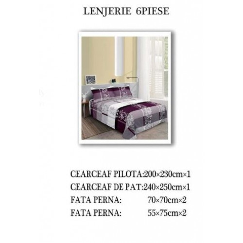 Set Lenjerie Eleganta pentru pat dublu din Bumbac Finet compus din 6 piese, Cearceaf de pat 240x250cm, NW44