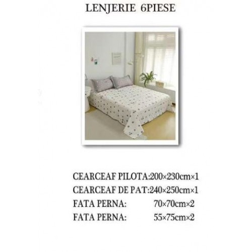 Set Lenjerie Eleganta pentru pat dublu din Bumbac Finet compus din 6 piese, Cearceaf de pat 240x250cm, NW47