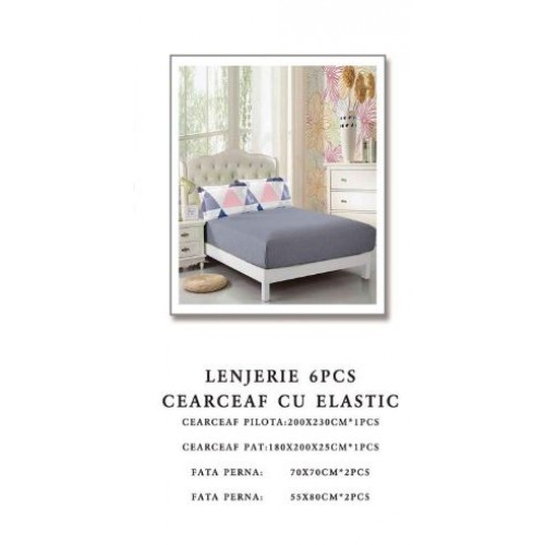 Set Lenjerie Eleganta pentru pat dublu din Bumbac Finet compus din 6 piese, Cearceaf de pat cu elastic 180x200cm+25cm, NW51