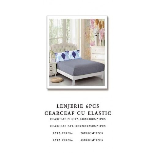 Set Lenjerie Eleganta pentru pat dublu din Bumbac Finet compus din 6 piese, Cearceaf de pat cu elastic 180x200cm+25cm, NW52