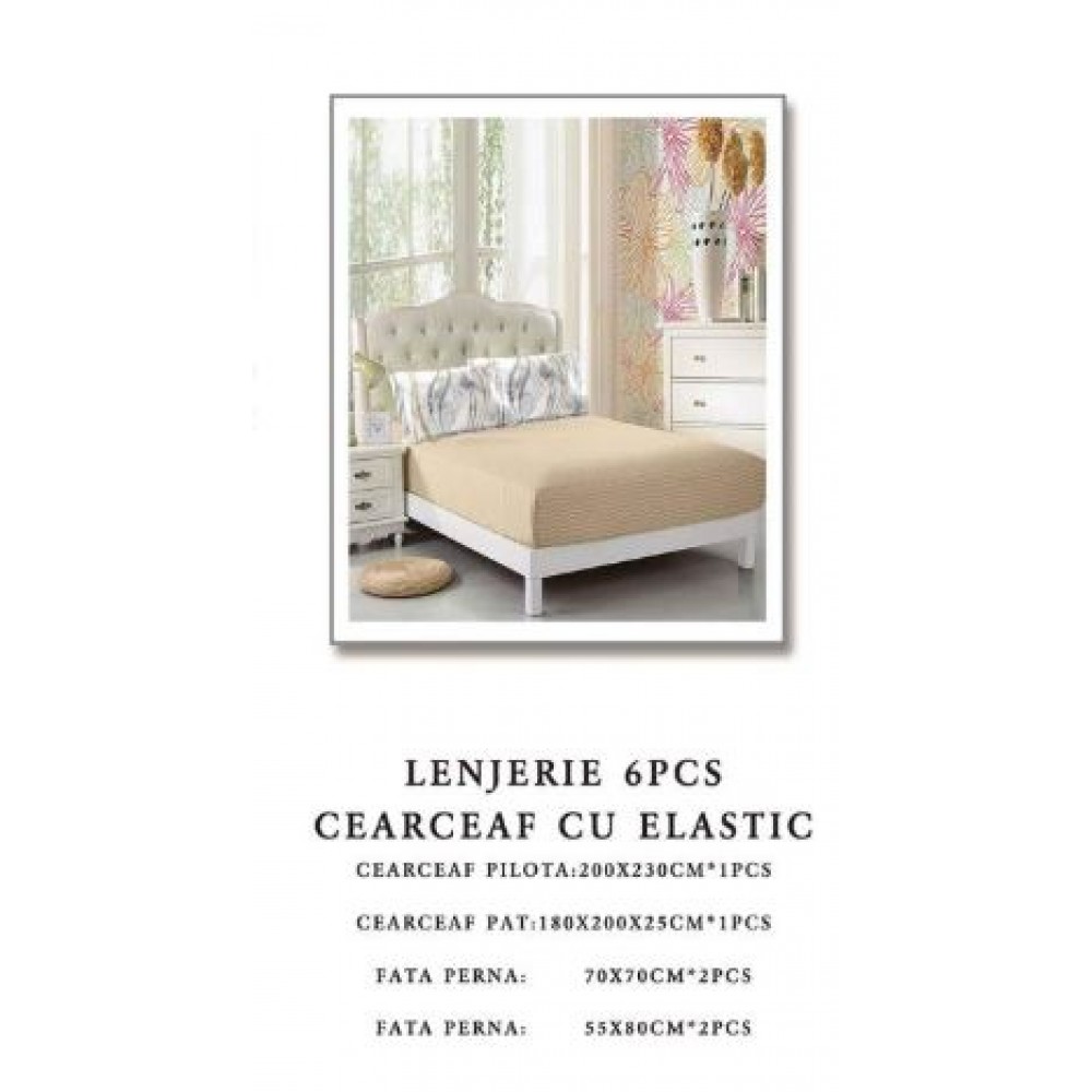 Set Lenjerie Eleganta pentru pat dublu din Bumbac Finet compus din 6 piese, Cearceaf de pat cu elastic 180x200cm+25cm, NW53