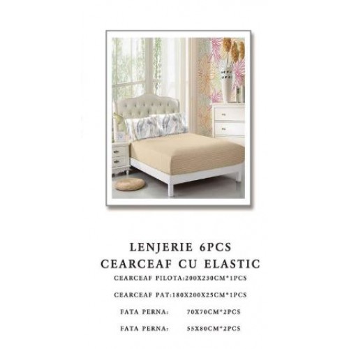 Set Lenjerie Eleganta pentru pat dublu din Bumbac Finet compus din 6 piese, Cearceaf de pat cu elastic 180x200cm+25cm, NW53