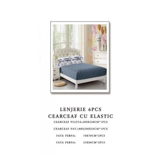 Set Lenjerie Eleganta pentru pat dublu din Bumbac Finet compus din 6 piese, Cearceaf de pat cu elastic 180x200cm+25cm, NW54