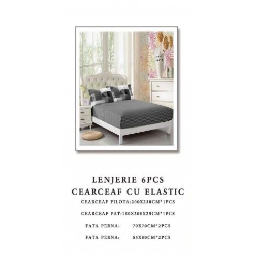 Set Lenjerie Eleganta pentru pat dublu din Bumbac Finet compus din 6 piese, Cearceaf de pat cu elastic 180x200cm+25cm, NW55