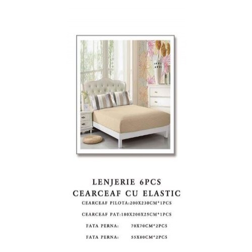 Set Lenjerie Eleganta pentru pat dublu din Bumbac Finet compus din 6 piese, Cearceaf de pat cu elastic 180x200cm+25cm, NW56