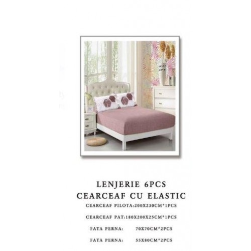 Set Lenjerie Eleganta pentru pat dublu din Bumbac Finet compus din 6 piese, Cearceaf de pat cu elastic 180x200cm+25cm, NW57